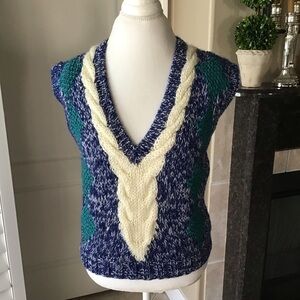 Vanderbilt MEDIUM Sweater Vest Thick Hand Knit Cable Marled Blue Aqua Vintage
